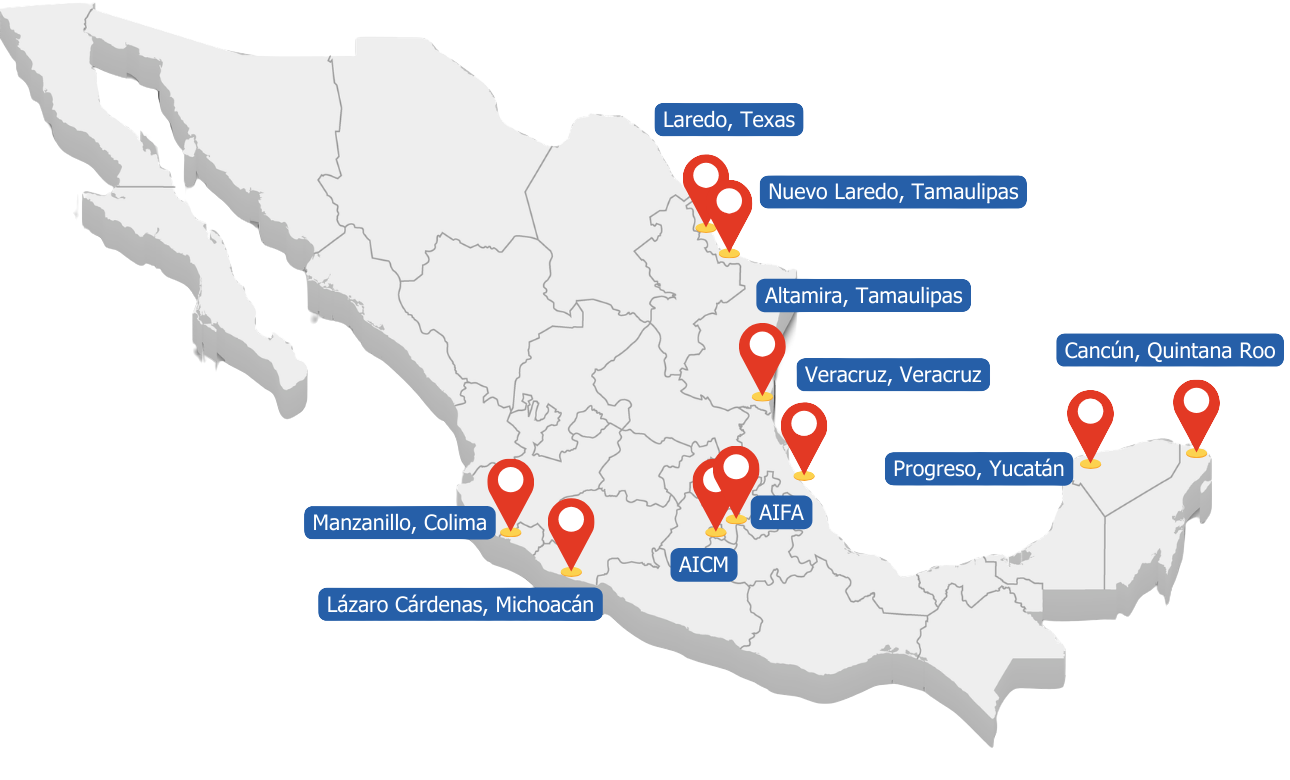 Mapa de México con las principales aduanas donde opera Grupo ILT