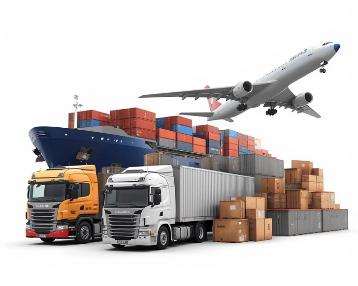 Agencia aduanal gestionando importaciones y exportaciones con transporte multimodal de mercancías.