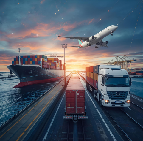 Transporte multimodal de carga en operación logística internacional.