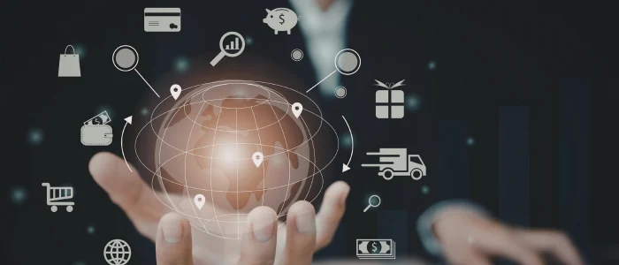 Gestión estratégica de logística internacional con red global de transporte, comercio digital y distribución de mercancías