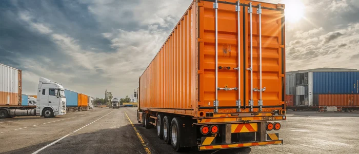 Transporte terrestre de mercancías con contenedor en patio logístico, representando operaciones aduaneras en el comercio exterior