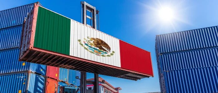 Contenedor con bandera de México siendo manipulado en terminal, representando operaciones aduaneras y comercio exterior en territorio mexicano